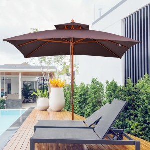 Umbrela de gradina 3x3m, bambus/lemn teak/poliester, 300x300x297 cm, catarg Ø48mm, 8 lamele bambus, 2 niveluri, 12kg, sistem deschidere cu coarda, teak/maro - Verificat A · Re-Bloom - Img 2
