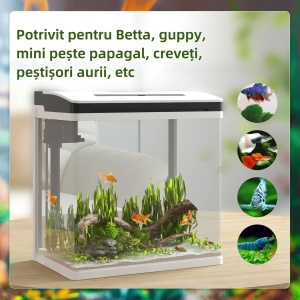 Acvariu 13L 29x20x30.5 cm, sticla HD 4mm, LED gradient reglabil 4.5W, filtru tip dus, pompa 2.5W, capac alb/transparent - Verificat A · Re-Bloom - Img 4