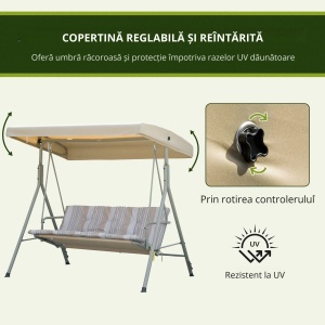 Balansoar de gradina cu baldachin Re-Bloom, otel/poliester/Teslin, 172x110x156 cm, baldachin 168x110 cm, 3 locuri, perne incluse, 210 kg, maro/bej - Verificat A · Re-Bloom - Img 4