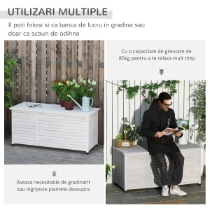 Banca de gradina cu spatiu de depozitare, lemn de brad, 127x56x60 cm, spatiu interior 119x48x49.6 cm, capacitate 170kg, alb - Verificat A · Re-Bloom - Img 5