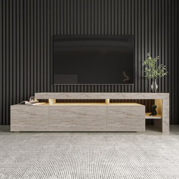 Beliz comoda TV 192x37x53 cm, PAL 18mm melaminat, bordura PVC, iluminare LED inclusa, travertin - Verificat A · Re-Bloom - Img 3