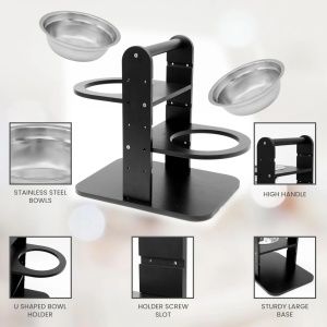 Belle Vous suport reglabil 2 boluri hrana/apa, bambus/inox, 40x30x41cm, inaltime reglabila 10-33.5cm, 2 boluri inox Ø20x6cm 1L, negru - Verificat A · Re-Bloom - Img 4