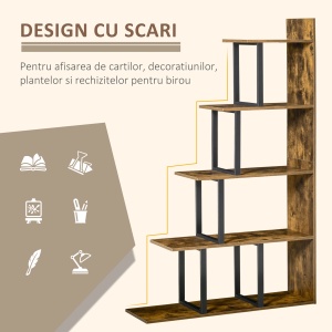 Biblioteca stil industrial Re-Bloom, 5 nivele, PAL, negru/maro rustic, 102 x 30 x 160 cm, Resigilat, Grad A - Img 5