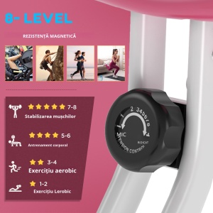 Bicicleta fitness pliabila 43x97x109 cm, 8 nivele rezistenta magnetica, sa 5 pozitii, ecran LCD, otel/ABS/PVC, roz/alb - Verificat A · Re-Bloom - Img 4
