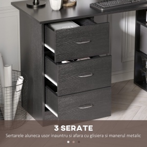 Birou PC cu 3 rafturi si 3 sertare, MDF, 120x49x72 cm, raft 36x24x22cm + sertar 28x34x12cm, capacitate 20kg, negru - Verificat A · Re-Bloom - Img 5