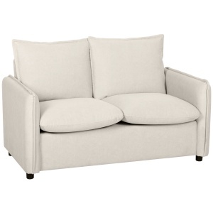 Canapea compacta 2 locuri, tesatura aspect piele poliester/spuma/metal/lemn, 131x73x80 cm, sezut 110x50x44cm perna 15cm, spatar perna 17cm, capacitate 240kg, alb crem - Verificat A · Re-Bloom