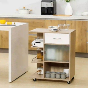 Carucior de bucatarie modern cu sertar, 3 rafturi si dulap cu usa sticla, placi aglomerate/inox/sticla, 65x39x80 cm, sertar 33.4x28.5x9cm, dulap 38.9x37.5x25.7cm, capacitate 40kg, natural/alb - Verificat A · Re-Bloom - Img 2