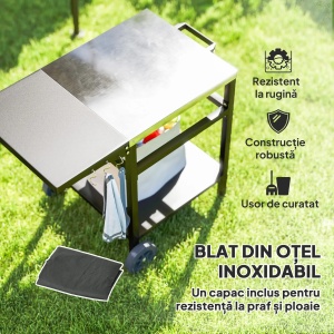 Carucior gratar cu blat otel inoxidabil, raft pliabil, roti, 91x58x76cm, Negru/Argintiu - Verificat A · Re-Bloom - Img 3