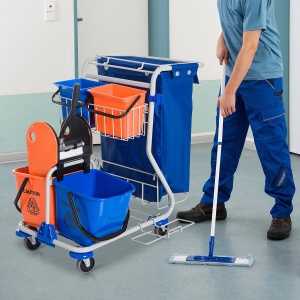 Carucior profesional pentru curatenie, cu 4 galeti, storcator si mop, metal/polipropilena/textil, portocaliu/albastru/gri, 93 x 80 x 97 cm, Resigilat, Grad A - Img 6
