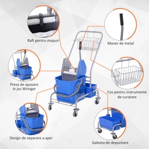 Carucior profesional pentru curatenie, polipropilena/metal, albastru/gri, 72 x 49,5 x 95 cm, Resigilat, Grad A - Img 2
