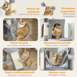 Copac de zgariat pentru pisici Re-Bloom, PAL/plush/bumbac PP/sisal, 48x48x192 cm, 2 hamace+3 platforme+2 casute+3 locuri odihna+scara, gri deschis/alb crem - Verificat A · Re-Bloom - Img 5