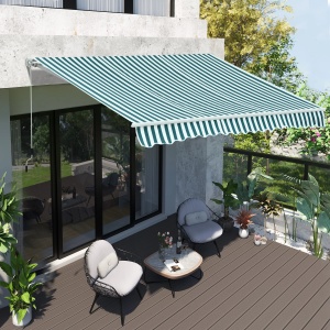 Copertina de soare cu brate reglabile si manivela, aluminiu/poliester, 295cm latime, extensie max 250cm, rola aluminiu 6cm, bara torsiune otel 35x35mm, verde/alb - Verificat A · Re-Bloom - Img 2