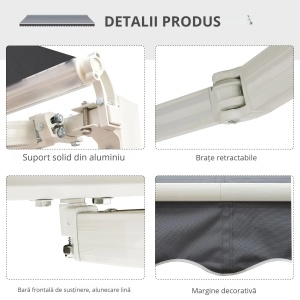 Copertina de soare manuala, poliester/aluminiu, 2.5m latime, extensie max 2m, unghi reglabil 5-45°, manivela Ø1.3x160cm, gri - Verificat A · Re-Bloom - Img 6
