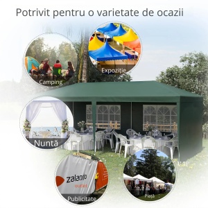 Cort de gradina 6x3m, cadru otel/tesatura PE, 5.85x2.95x2.55m, streasina 1.95m, pereti detasabili, ferestre 1.8x1.03m, 6 sfori + 12 tarusi, verde - Verificat A · Re-Bloom - Img 4