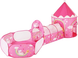 Cort de joaca pentru copii Songmics, 3 in 1, metal/poliester, roz, Resigilat, Grad A