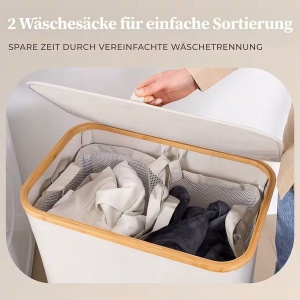 Coș de rufe Hennez,textil/lemn 140 l, Bej, 2 compartimente, Resigilat, Grad A - Img 3