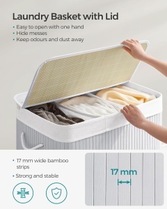Cos pentru rufe cu 3 compartimente Songmics, bambus/textil, gri, 60 x 40 x 61,5 cm, Resigilat, Grad A - Img 5