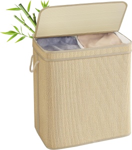 Cos pentru rufe Songmics, 2 compartimente, bambus/MDF/poliester, bej, 57 x 38 x 61 cm, Resigilat, Grad A