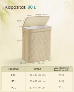 Cos pentru rufe Songmics, bambus/metal/piele PU, natur, 48 x 32 x 61 cm, 90L, Resigilat, Grad A - Img 2