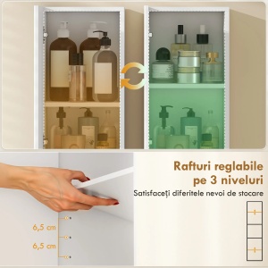 Dulap de baie cu 2 usi si rafturi reglabile, MDF, 30x24x140 cm, spatiu deschis, capacitate 30kg, alb/natur - Verificat A · Re-Bloom - Img 5