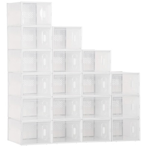 Dulap de pantofi modular, 18 cutii PP transparente, 25x35x19 cm/cutie, usi magnetice, orificii ventilatie, stivuibil, marime max EU43, 8kg, transparent/alb - Verificat A · Re-Bloom