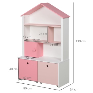 Dulap depozitare jucarii copii 80x34x130 cm, MDF P2, 4 rafturi, 2 sertare cu roti, alb/roz - Verificat A · Re-Bloom - Img 4