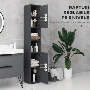 Dulap inalt baie ingust 30x30x183 cm, 2 rafturi deschise, 2 dulapuri reglabile, PAL melamina, anti-rasturnare, negru/gri inchis - Verificat A · Re-Bloom - Img 5