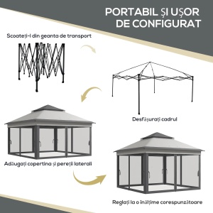 Foisor cu plase reglabil 3 niveluri Re-Bloom, otel/Oxford/plasa, 326x326x272 cm, stresina 177 cm, pereti plasa 294x198 cm, 4 franghii+8 tarusi+geanta incluse, gri deschis/gri inchis - Verificat A · Re-Bloom - Img 6