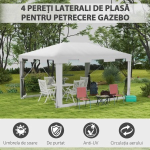 Foisor de gradina 4x3m, metal/PE, 395x295 cm, inaltime 200/255 cm, plasa tantari, 2 intrari, 4 franghii + 8 tarusi inclusi, alb/negru - Verificat A · Re-Bloom - Img 4