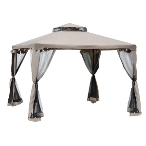 Foisor gradina 294x294x195 cm, plasa tantari 4 pereti, acoperis 2 niveluri, cadru metal, poliester, taupe - Verificat A · Re-Bloom