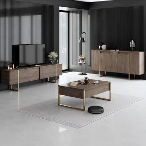 Forme XL set 3 piese living, comoda TV 180cm, masuta cafea 90cm, comoda 160cm, PAL 18mm, picioare metal, nuc si auriu - Verificat A · Re-Bloom