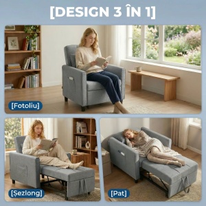 Fotoliu extensibil cu spatar reglabil, otel/lemn eucalipt/spuma/poliester, fotoliu 69x82x85cm, extensibil la pat 53x170x45cm, perna 50x33x8cm, capacitate 150kg, gri deschis - Verificat A · Re-Bloom - Img 5