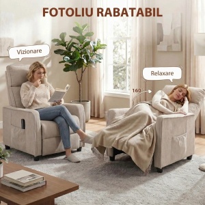 Fotoliu masaj reclinabil manual, textil tip in, telecomanda, lemn masiv, 69x93x104cm, Crem - Verificat A · Re-Bloom - Img 6
