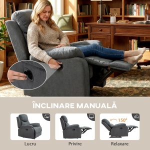 Fotoliu recliner manual cu suport picioare 93x88x102 cm, inclinare 150°, tapiterie in respirabil, cadru otel, gri inchis - Verificat A · Re-Bloom - Img 4