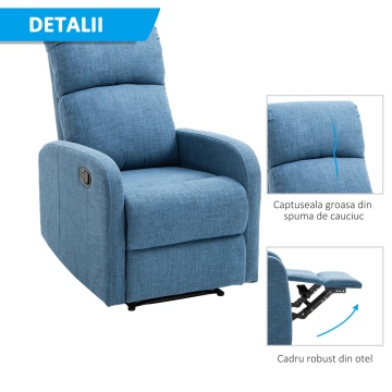 Fotoliu relax rabatabil cu taburet 66x95x99 cm, intins 161x66x79 cm, tapiterie in, cadru lemn si fier, 125 kg, albastru - Verificat A · Re-Bloom - Img 5