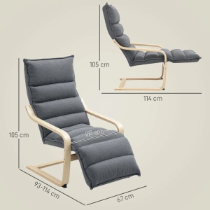 Fotoliu relaxant cu suport pentru picioare reglabil, catifea poliester/lemn mesteacan/spuma, 67x93-114x105 cm, sezut 55x45x45cm, capacitate 120kg, gri inchis/natur - Verificat A · Re-Bloom - Img 3