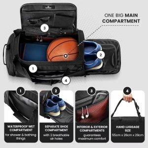 Geanta sport impermeabila pentru sala, cu compartiment pentru incaltaminte, BeMaxx, 55x26x28 cm, 40l, Negru, Resigilat, Grad A - Img 5