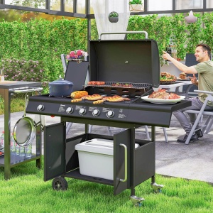 Gratar pe gaz cu arzator lateral, masuta si dulap, otel inoxidabil/PP, 129.5x56x110 cm, arzator principal 3kW + lateral 3.2kW, propan/butan, 3 gratare + gratar incalzire + regulator + furtun incluse, negru - Verificat A · Re-Bloom - Img 2