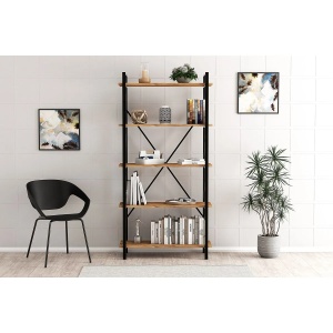 Hanah Home biblioteca industriala 90x33.5x180 cm, PAL melamina 100%, cadru metal electrostatic, raft 55cm, pin atlantic/negru - Verificat A · Re-Bloom - Img 2