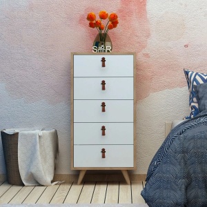 Hanah Home comoda dormitor 50x40x103 cm, 5 sertare, PAL 18mm, manere piele PU, picioare lemn, stejar/alb - Verificat A · Re-Bloom - Img 3