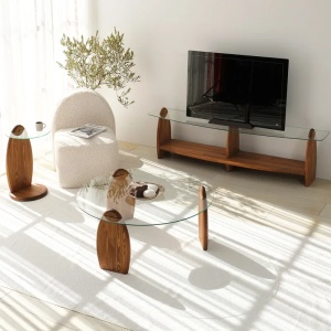 Hanah Home comoda TV living 160x35x45 cm, rafturi sticla securizata 100%, cadru pin masiv 100%, castan transparent - Verificat A · Re-Bloom - Img 5