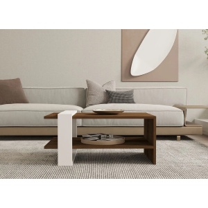 Hanah Home masa cafea 2 niveluri 80x50x35 cm, PAL 18mm, depozitare suplimentara, nuc si alb - Verificat A · Re-Bloom - Img 5