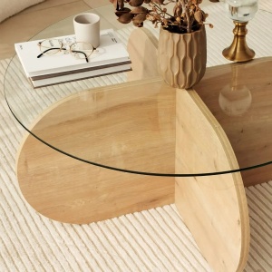 Hanah Home masa de cafea rotunda 75x75x35 cm, blat din sticla calita 100%, cadru PAL 18mm, stejar safir - Verificat A · Re-Bloom - Img 5