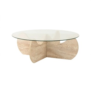 Hanah Home masa de cafea rotunda 90x30 cm, blat sticla, baza PAL melaminat, travertin - Verificat A · Re-Bloom