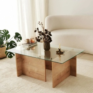 Hanah Home masa de cafea, sticla temperata/ lemn masiv, 105 x 65 x 40 cm, stejar safir - Verificat A · Re-Bloom - Img 6