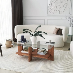 Hanah Home masuta de cafea, sticla securizata/lemn masiv, 105x60x40 cm, natur - Verificat A · Re-Bloom - Img 2