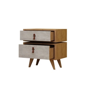 Hanah Home noptiera dormitor 50x40x59 cm, PAL 18mm, 2 sertare, manere de piele PU, picioare de lemn, stejar si alb - Verificat A · Re-Bloom