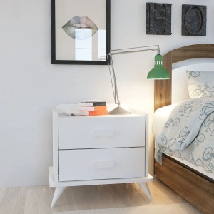 Hanah Home noptiera, PAL melaminat 18mm, 60x42.1x58.6 cm, 2 sertare, rafturi depozitare, picioare 12cm, alb - Verificat A · Re-Bloom - Img 2