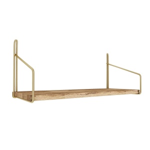 Hanah Home raft de perete, lemn masiv 100% + suporturi metalice, 45x16x16 cm, capacitate 3kg, auriu/maro - Verificat A · Re-Bloom