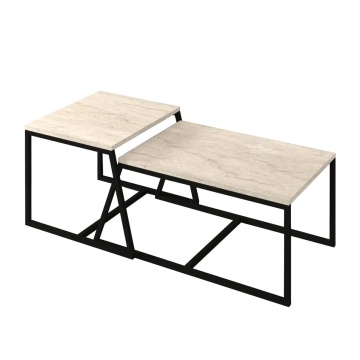 Hanah Home set 2 masute de cafea, PAL 18mm melaminat, cadru metal, masuta mare 75x50x38 cm si masuta mica 55x57x45 cm, travertin si negru - Verificat A · Re-Bloom